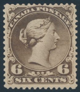 Lot 1201, Canada 1868 six cent black brown Large Queen on thin paper, F-VF hinged
