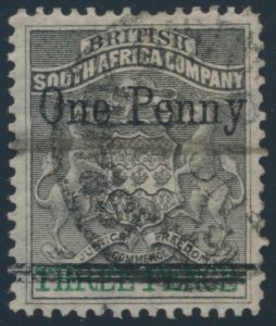 Lot 1969, Rhodesia 1896 one pence on three pence Matabele Rebellion, VF used