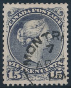 Lot 32, Canada 1880 fifteen cent deep violet Large Queen on thick carton paper, XF with neat Montreal cancel