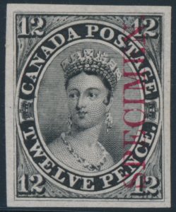 Lot 1115, Canada 1851 twelve penny black plate proof, vertical SPECIMEN, major re-entry, sold for C$2,070