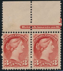 Lot 146, Canada 1888 three cent deep rose carmine Small Queen mint NH pair, sold for C$1,380