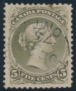 Lot 16, Canada 1875 five cent olive green Large Queen, VF early use, sold for $718