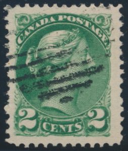 Lot 109, Canada 18902 two cent green Small Queen, used with major re-entry, sold for C$546