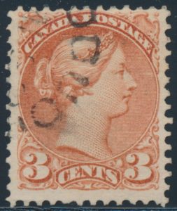 Lot 131, Canada 1870 three cent deep copper red Small Queen, fine used, sold for C$920
