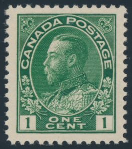 Lot 1360, Canada 1920 one cent dark yellow green Admiral, XF NH, sold for C$287