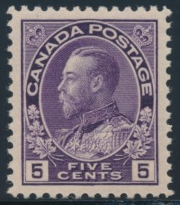 Lot 1452, Canada 1922 five cent violet Admiral, XF NH, sold for C$230