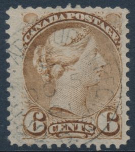 Lot 192, Canada 1891 six cent yellow brown Small Queen on very thin paper, rare, sold for C$718