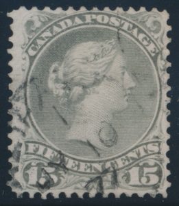 Lot 31, Canada 1873 fifteen cent greenish grey Large Queen, Fine used, sold for C$264