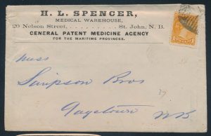 Lot 76, Canada 1872 one cent orange Small Queen advertising cover, St. John to Gagetown New Brunswick, sold for C$287