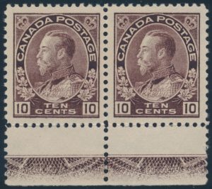 Lot 221, Canada 1916 ten cent plum Admiral pair, XF NH