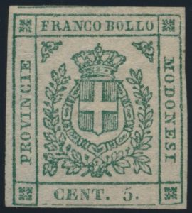 Lot 640, Modena 1859 five cent green Coat of Arms, Fine hinged