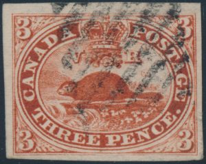 Lot 18, Canada 1852 three penny red beaver on hard wove ribbed paper, VF with toronto Grid cancel, sold for C$438