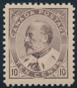 Lot 189, Canada 1903 ten cent brown lilac King Edward VII, VF NH, sold for C$1,345