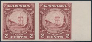 Lot 265, Canada 1934 two cent New Brunswick XF NH imperf pair with variety, sold for C$2,106