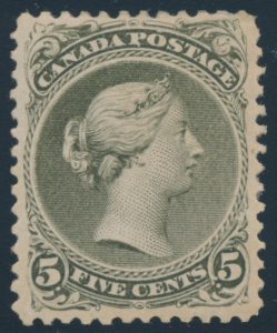 Lot 74, Canada 1875 five cent olive green Large Queen, F-VF o.g., sold for C$1,872