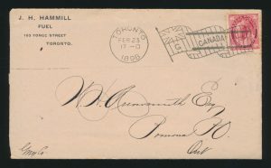 Lot 1272, Canada 1898 three cent Leaf cover with Toronto Type 8-23 Barred Involute Flag cancel, sold for C$3,042