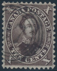 Lot 93, Canada 1859 ten cent chocolate brown Consort, used with crisp 4-ring numeral