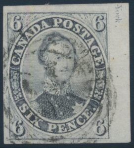 Lot 16, Canada 1855 six pence grey violet Consort on thick hard paper, XF with 4-ring cancel