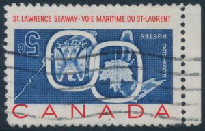 Lot 191 Canada #387a 1959 5c St Lawrence Seaway with Inverted Centre, a used sheet margin single, with the usual machine cancel, very fine