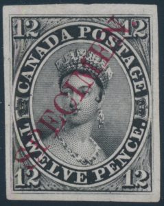 Lot 8, Canada twelve penny plate proof with diagonal SPECIMEN in carmine