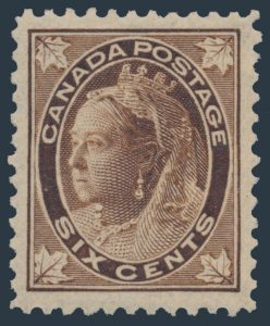 Lot 102, Canada 1897 six cents brown Queen Victoria Leaf, XF NH, sold for C$731