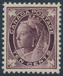 Lot 104, Canada 1897 ten cent brown violet Queen Victoria Leaf, XF NH, sold for C$2,925