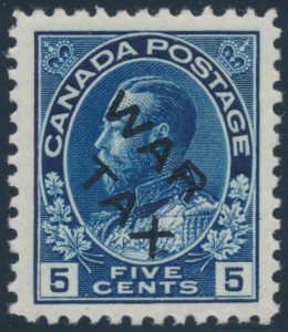 Lot 155, Canada 1915 five cent blue Admiral War Tax, XF NH, sold for C$1,579