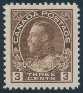 Lot 557, Canada 1918 three cent brown Admiral, dry printing, XF NH, sold for C$643a