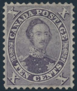 Lot 62, Canada 1859 ten cent violet Consort, perf 12, XF with very light cancel