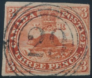 Lot 15, Canada 1852 three cent red Beaver, used with Perth 4-ring, sold for C$163