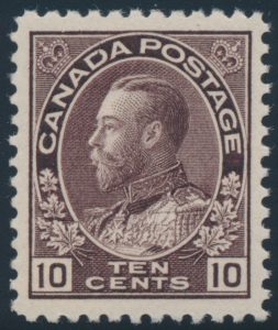 Lot 209, Canada 1912 ten cent plum Admiral, VF NH, sold for C$936