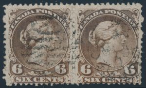 Lot 93, Canada 1868 six cent brown Large Queen, used pair on watermarked paper, sold for C$1,579