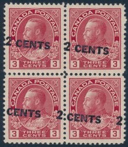 Lot 219, Canada 1926 2c on 3c carmine Admiral slanted surcharge XF NH block of four, sold for C$936