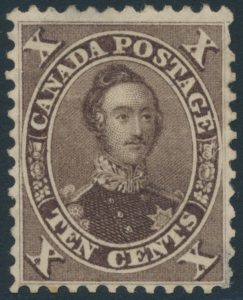 Lot 60, Canada 1859 ten cent chocolate brown Consort, mint hinged, sold for C$9,945