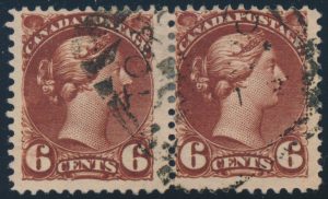 Lot 119, Canada 1890s six cent red brown Small Queen used pair with major re-entry