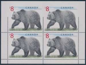 Lot 342, Canada 1997 $8 Grizzly Bear pane of four with major perforation error