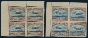 Lot 559, Newfoundland 1922 15c Vickers-Vimy essays in blocks of four