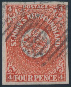 Lot 464, Newfoundland 1857 four pence scarlet vermilion Heraldic, XF used
