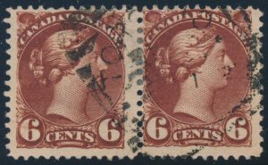 Lot 119, Canada 1890s six cent red brown Small Queen with major re-entry, Fine used pair, sold for C$3,042