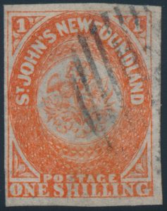 Lot 258, Newfoundland 1860 one shilling orange Heraldic, VF with grid cancel