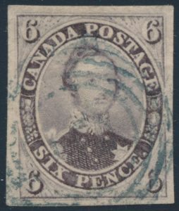 Lot 11, Canada 1857 six pence reddish purple Consort on thick soft paper, XF with 4-ring numeral cancel