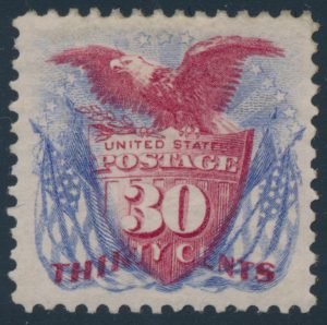 Lot 411, USA 1875 30c Shield, Eagle and Flags re-issue, mint VF, sold for C$3,978