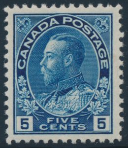 Lot 119, Canada 1912 five cent grey blue Admiral, VF NH, sold for C$1,462