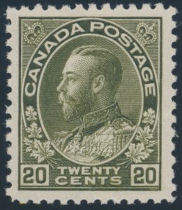 Lot 126, Canada 1912 twenty cent grey green Admiral, VF mint, sold for C$1,638