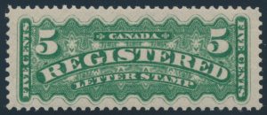 Lot 175, Canada 1876 five cent green Registered, VF NH, sold for C$1,404