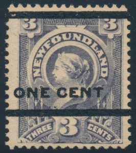 Lot 299, Newfoundland 1c on 3c grey lilac with type C surcharge, F-VF mint, sold for C$1,872