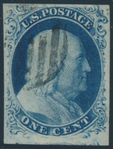 Lot 322, USA 1857 one cent blue Franklin, VF with black circular grid cancel, sold for C$2,340