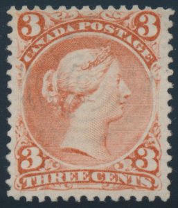 Lot 44, Canada 1868 three cent bright red Large Queen on laid paper, Fine used, sold for C$1,872