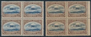 Lot 376, Newfoundland 1923 Vickers-Vimy essays in blocks of four