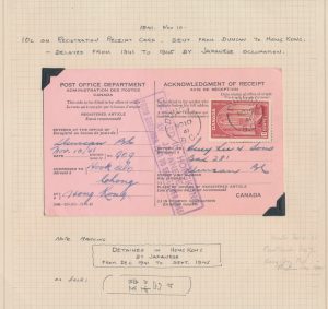 Lot 777, Canada 1941 Detained in Hong Kong Acknowledgement of Receipt card, Duncan BC to Hong Kong